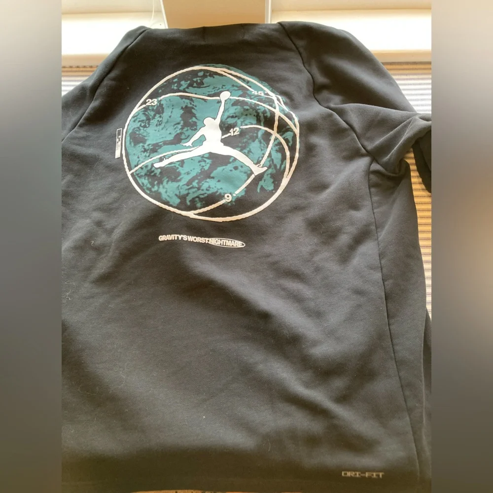 Jordan Men’s Black Hoodie with Teal Graphic and Front Pockets, Size Large